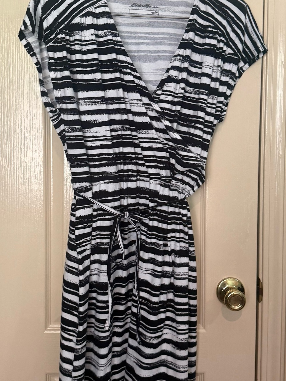 Eddie Bauer Black & White Striped Wrap-Style Midi Dress
